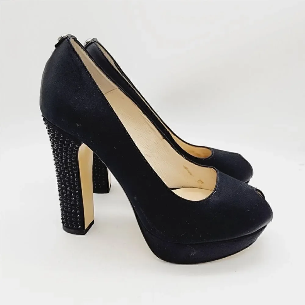 Michael Kors EUC Nadia Black Satin Crystal Heels with Peep Toe Heels